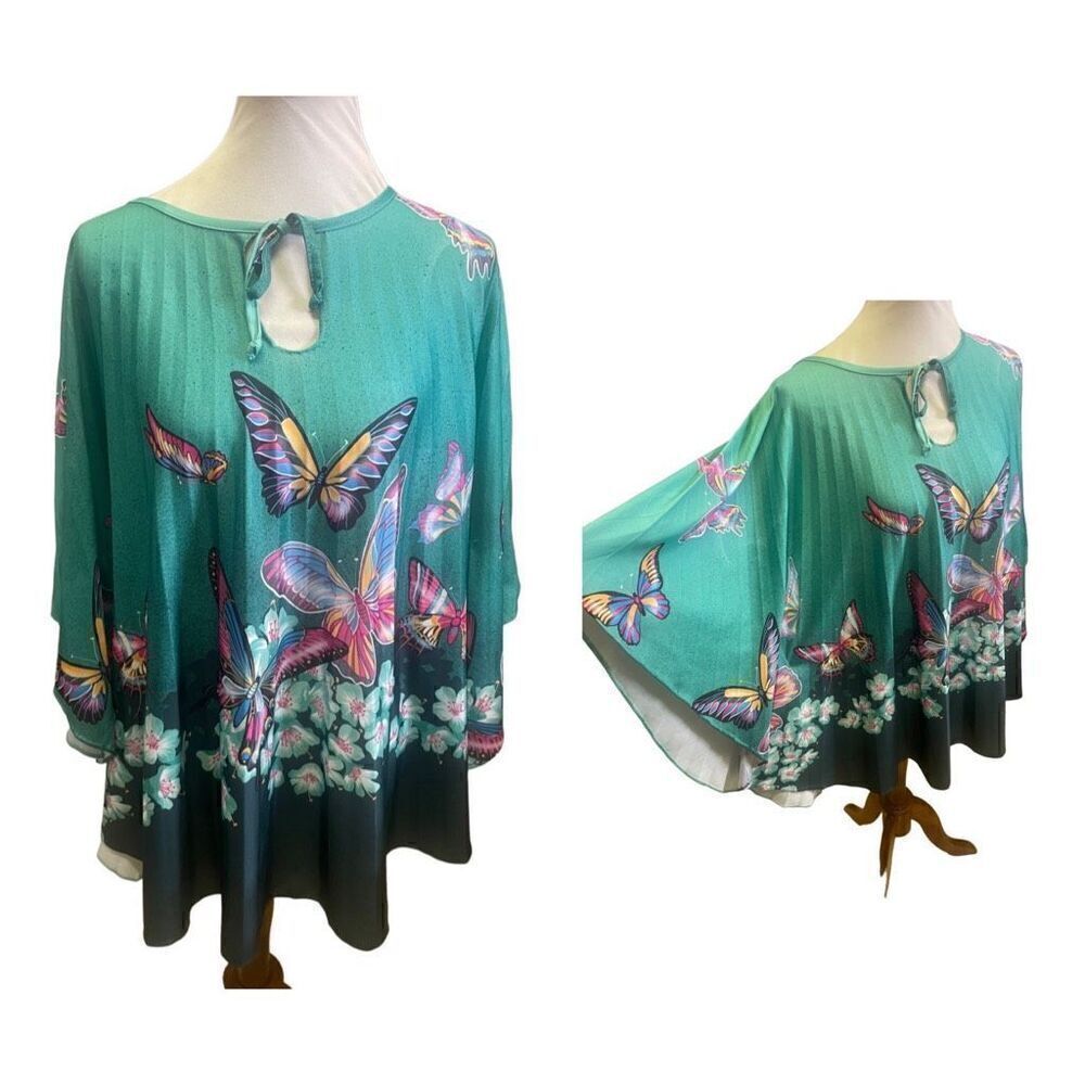 Unbranded Gorgeous Bat Wing Style Aqua-Green Butterfly Design Blouse Size 2X/3X